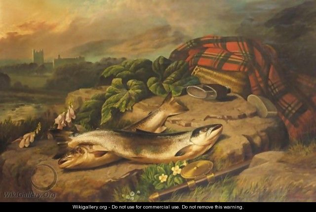 Salmon On The Banks Of The Dee With Balmoral In The Distance - John Bucknell Russell