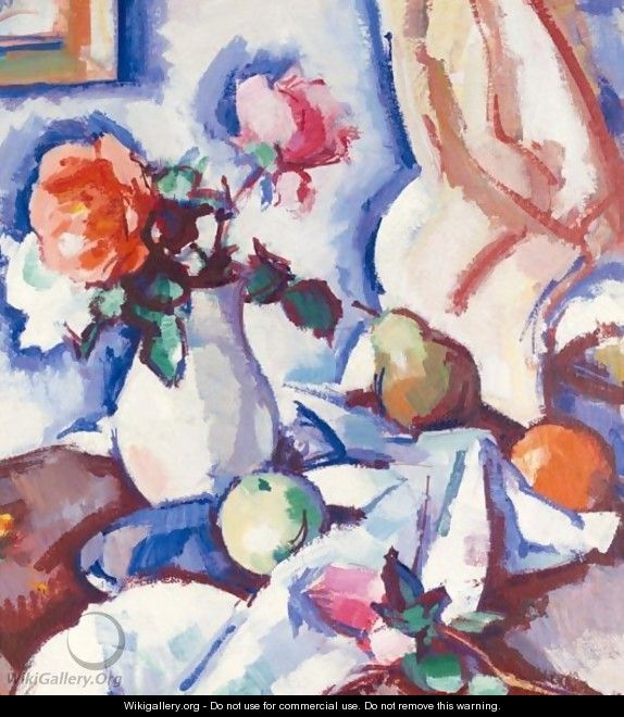 Roses In A White Vase With Fruit - Samuel John Peploe