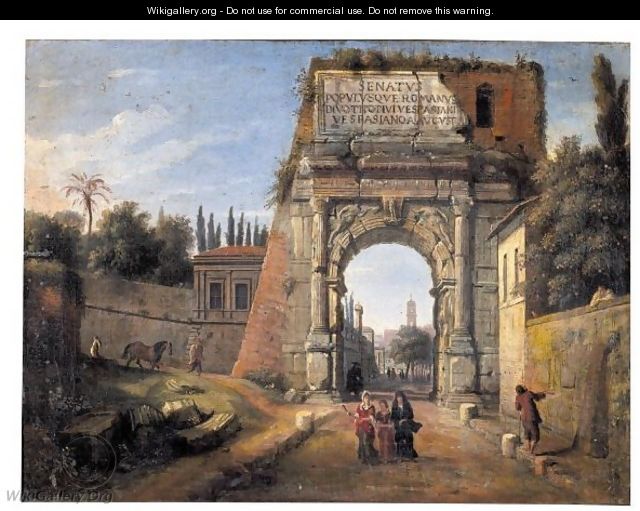 Rome, A View Of The Arch Of Titus With Figures Strolling Amongst Ruins - Caspar Andriaans Van Wittel