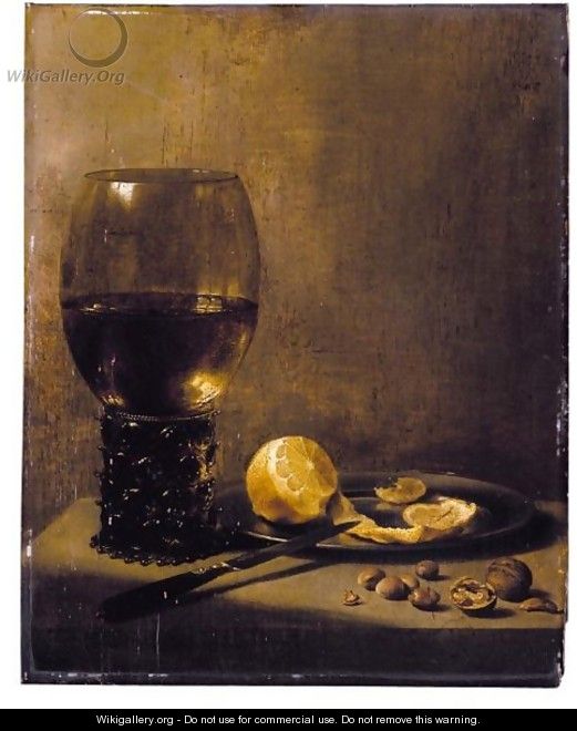 A Still Life With A Large Roemer, A Knife Resting On A Silver Plate Bearing A Partly-Peeled Lemon, Walnuts And Hazelnuts, On A Marble Ledge - Pieter Claesz.