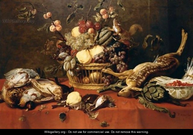 Still Life Of Fruit In A Basket Together With Game, A Bowl Of Fraises-De-Bois, Artichokes, Asparagus And A Squirrel Upon A Table Draped With A Red Cloth - Frans Snijders