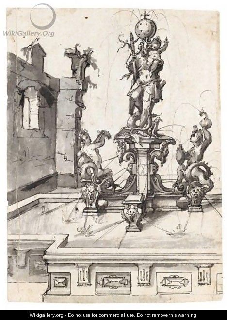 Design For An Elaborate Fountain Surmounted By A Statue Of St. Cristopher - South German School