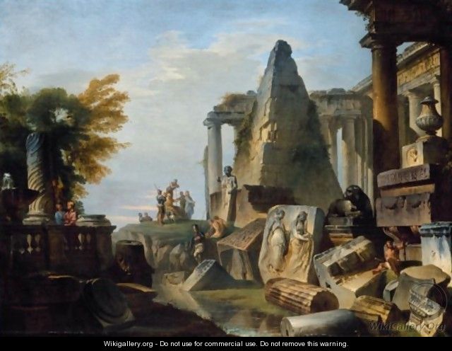 A Philosopher And Soldiers Amongst Ancient Ruins Including The Pyramid Of Gaius Cestius - Giovanni Paolo Panini