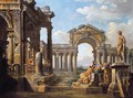 An Architectural Capriccio With A Philosopher And Soldiers Amongst Ancient Ruins - (after) Giovanni Paolo Panini
