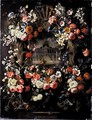 Still Life Of Garlands Of Flowers Adorning A Carved Stone Window, A Palace Garden With David And Bathsheba Beyond - Gaspar Peeter The Elder Verbruggen