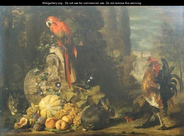 Still Life Of A Melon, Peaches, Grapes And Plums, Together With Rabbits, A Parrot, Cockerel And Hen, Gathered Around An Over-Turned Corinthian Column Capital, A Parkland Setting Beyond - David de Coninck