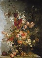 Still Life Of Roses, Lilies, Carnations, Tulips, Chrysanthemums And Other Flowers In An Urn Resting On A Stone Ledge - Karel Van Vogelaer, Carlo Dei Fiori
