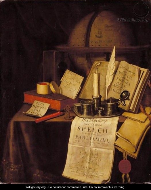 A Vanitas Still Life With An Ink-Well And Quill, A Candle, A Box Of Seals, Sealing Wax, Books And A Globe On A Draped Table - Edwart Collier