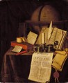 A Vanitas Still Life With An Ink-Well And Quill, A Candle, A Box Of Seals, Sealing Wax, Books And A Globe On A Draped Table - Edwart Collier