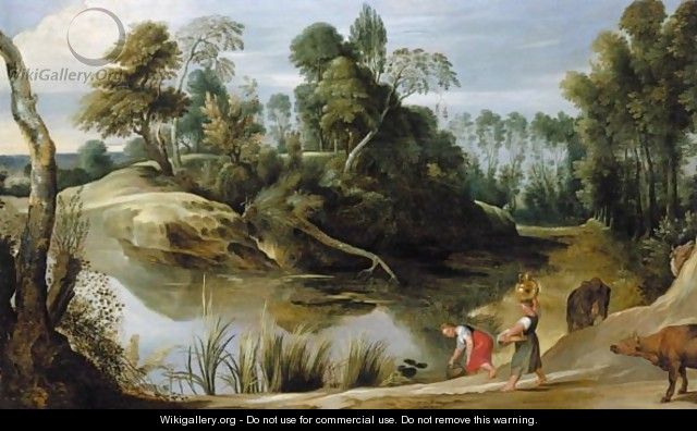 Landscape With Two Milkmaids At The Edge Of A Pond - (after) Sir Peter Paul Rubens