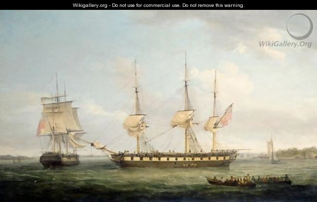 An East Indiaman In Two Positions Off The Indian Coast, The Broadside View Showing Her At Anchor Taking On Native Labourers, The Stern View Depicting Her Getting Under Way Under Reduced Sail - Thomas Whitcombe