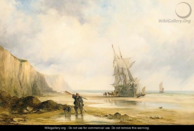 A Fisherman Returning Home, A Vessel Grounded At Low Tide Beyond - George the Elder Chambers