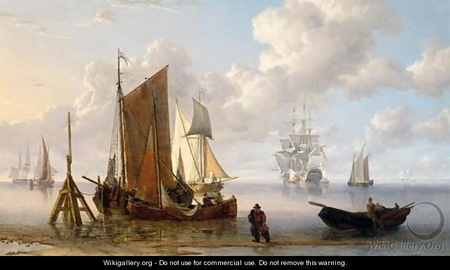 A Man Of War And Other Shipping Off The Coast At Low Tide - Charles Martin Powell