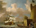 Seascape With Elegant Figures Approaching A Barge, With British Men Of War Beyond - (after) Adriaen Van Diest