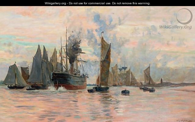 A Steam Ship And Other Shipping Leaving Harbour - William Lionel Wyllie