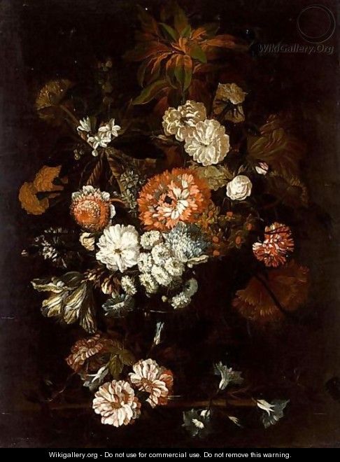A Still Life Of Roses, Carnations, Anemonies And Other Flowers, All In A Vase On A Wooden Ledge - (after) Jan-Baptist Bosschaert