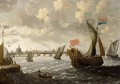 A States Yacht, A Kaag And Other Ships In A Stiff Breeze, A Town Beyond - Cornelis Mahu