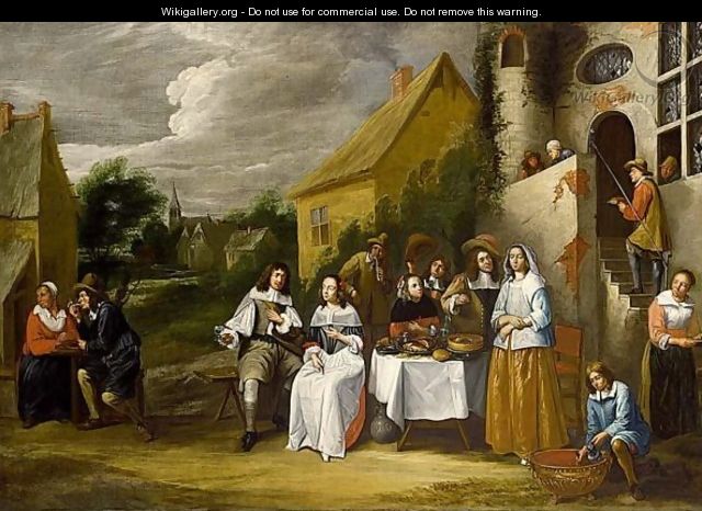 An Elegant Company Drinking And Eating Outside An Inn - (after) Gillis Van Tilborgh