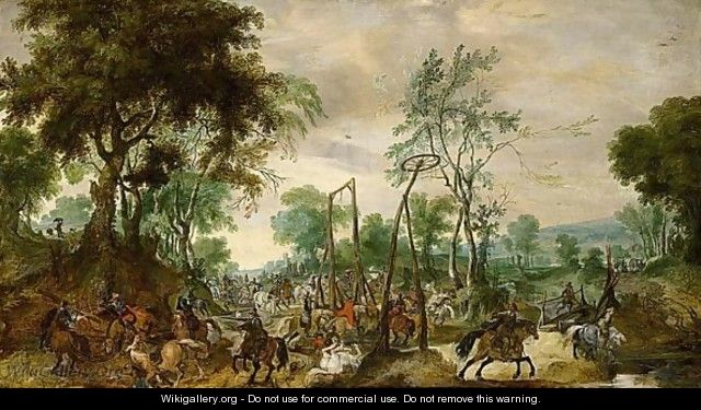Wooded Landscape With A Calvalry Engagement - (after) Pieter Snayers