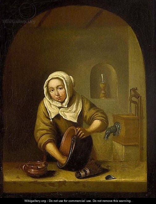 A Maid Scouring A Pot In A Window - Leiden School