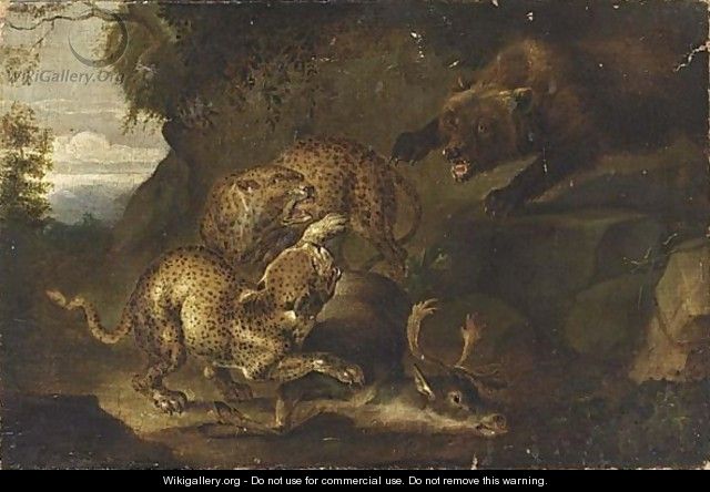 A Bear Attacking Leopards, A Deer Lying On The Woodland Soil - (after) Carl Borromaus Andreas Ruthart