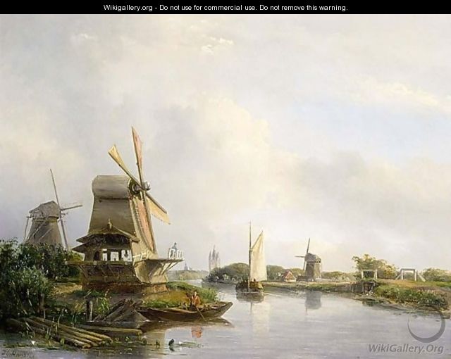 A River Landscape With Boats And An Angler Near A Mill - Josephus Gerardus Hans
