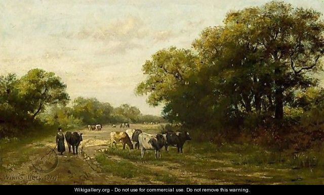 A Girl Herding Cows In A Forest Landscape - Julius Jacobus Van De Sande Bakhuyzen