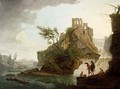 Anglers In A Mountainous River Landscape, A View Of A Ruin On A Hill Top Beyond - (after) Claude-Joseph Vernet