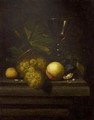 A Still Life With Walnuts, A Peach, Prunes, Grapes And A Glass All On A Wooden Table - (after) Johannes Borman