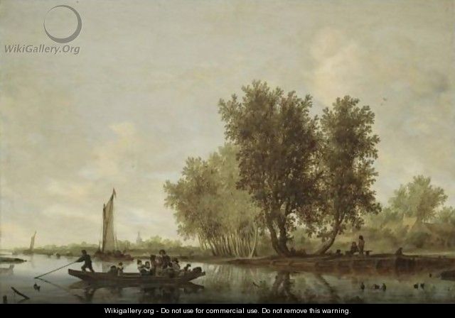 A River Landscape With Figures In A Ferry, Barges And Rowing Boats Beyond, And Other Figures Resting On A Bench Near Cottages - Salomon van Ruysdael