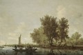 A River Landscape With Figures In A Ferry, Barges And Rowing Boats Beyond, And Other Figures Resting On A Bench Near Cottages - Salomon van Ruysdael