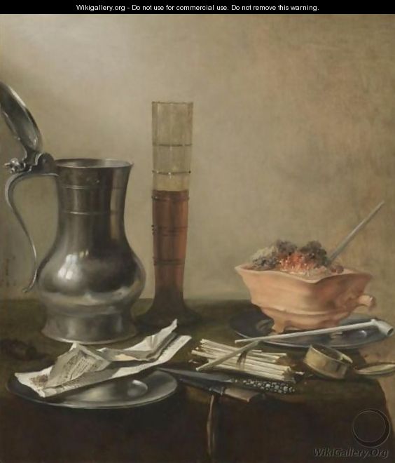 A Still Life Of A Pewter Flagon, A Tall Glass, A Chafing-Dish And Smokers