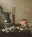 A Still Life Of A Pewter Flagon, A Tall Glass, A Chafing-Dish And Smokers' Requisites, All On A Draped Table - Pieter Claesz.