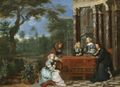 A Family Seated At A Table In An Elegant Garden Exterior - Gonzales Coques