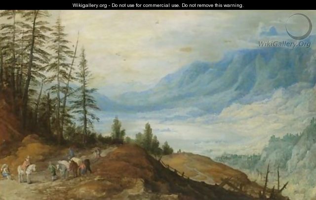 A Mountainous Landscape With Travellers On A Road In The Foreground, A Large Lake Below And Beyond - Joos or Josse de, The Younger Momper