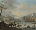 An Extensive Winter Landscape With Skaters On A Frozen River And Peasants Warming Themselves Near A Fire In The Foreground - Robert Griffier