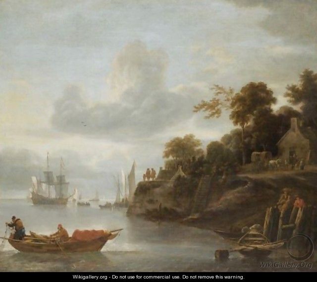 A River Estuary With Men Casting Their Nets And A Cottage And Horses Beyond - Lieve Verschuier