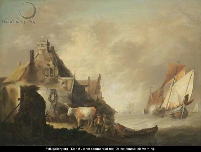 A Coastal Scene With Fishing Vessels In Stormy Seas, Figures With Cattle Before A House On The Shore - Jan van Os