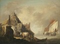 A Coastal Scene With Fishing Vessels In Stormy Seas, Figures With Cattle Before A House On The Shore - Jan van Os