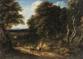 A Wooded Landscape With A Drover And Two Heifers On A Road, Two Anglers On The Bank Of A River Beyond - Cornelis Huysmans