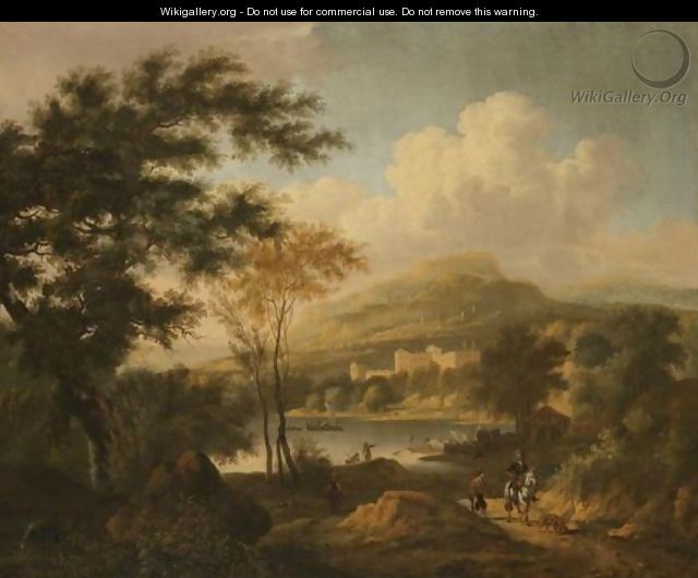 An Italianate Landscape With A Rider And A Beggar On A Path, Fishermen On A Lake Beyond - Frederick De Moucheron