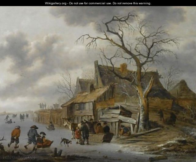 A Winter Landscape With Figures Skating On A Frozen River - Salomon Rombouts