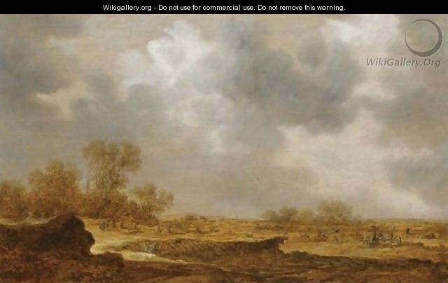 An Extensive Dune Landscape With A Peasant Woman Bailing Hay And Two Farmers Conversing To The Right - Jan van Goyen