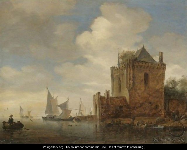 A River Estuary With A Fort And Men Unloading Onto The Shore - Salomon van Ruysdael