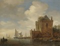 A River Estuary With A Fort And Men Unloading Onto The Shore - Salomon van Ruysdael
