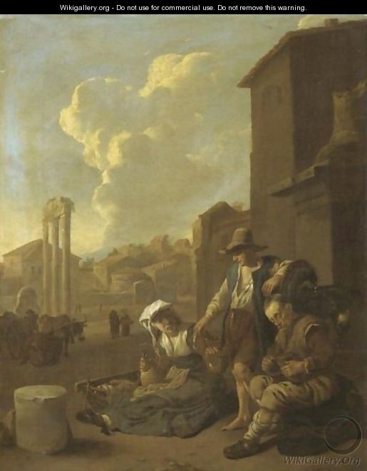 A Roman Street Scene, With A Peasant Family Eating And Drinking, The Campo Vaccino Beyond - Johannes Lingelbach