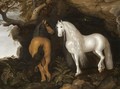 Two Horses Standing In A Wooded Landscape, Before A Cave - Abraham Bosschaert