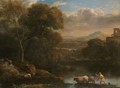 An Italianate Landscape With A Drover And His Dog Driving His Cattle Across A Ford, A Waterfall Beyond - Claude Lorrain (Gellee)