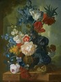 Still Life With A Bouquet Of Flowers In A Sculpted Vase, Including A Parrot Tulip, Morning Glory - Jan van Os