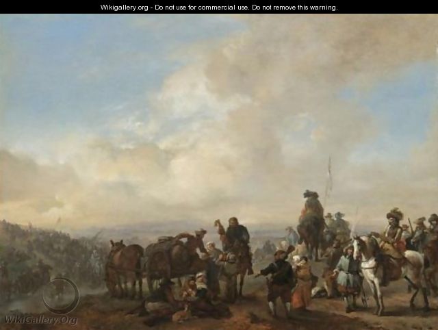 Landscape With Cavalrymen Crossing A Ford And Peasants Taking Refreshment From A Wagon - Philips Wouwerman
